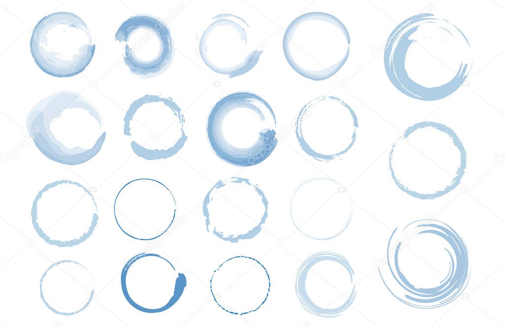 Collection of Watercolor circle, rings, dots from the bottom cup- real water paint on white paper in many strokes and technique of a brush. Abstract Hand Paint Spots on Paper.