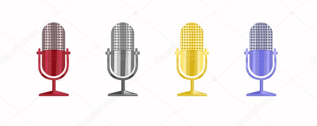 Studio microphone vector icon set isolated on white background. Broadcast podcast text. Logo, application, user interface, radio, record, voice icon.
