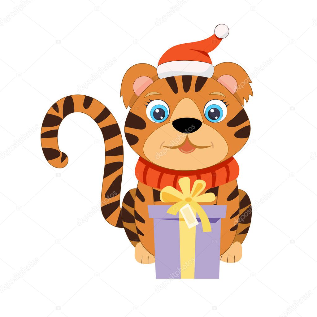 Chinese cute little tiger characters with gift box. Happy wildcat. Vector flat hand drawn doodle style illustration isolated on white background. For children decor, postcard, banner, emblem, pattern