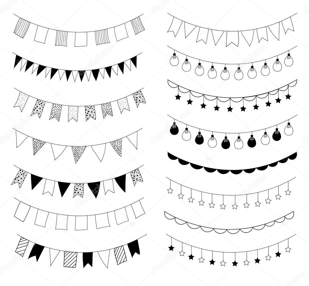 Garland of flags and Lights. Doodle freehand illustration. Vector. Holiday decoration. Contour black and white 