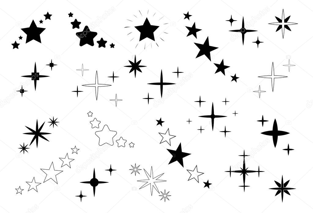 Shine sparkle star icon set. Decoration twinkle star black silhouette for sparkle, firework, glitter light, magic flare effect. Glowing light effect. Isolated vector illustration.