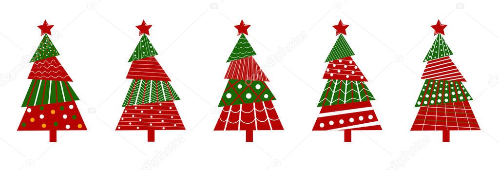 Collection of hand drawn winter Christmas trees, fir-tree, and Quote. Whimsical Abstract doodles. Holidays concept. Vector sketch illustration