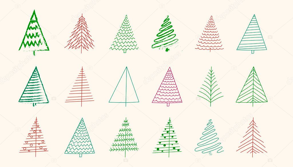 Hand drawn set of Christmas trees and Quote. Holidays fir-tree background and Greetings. Abstract doodle drawing woods. Vector sketch illustration