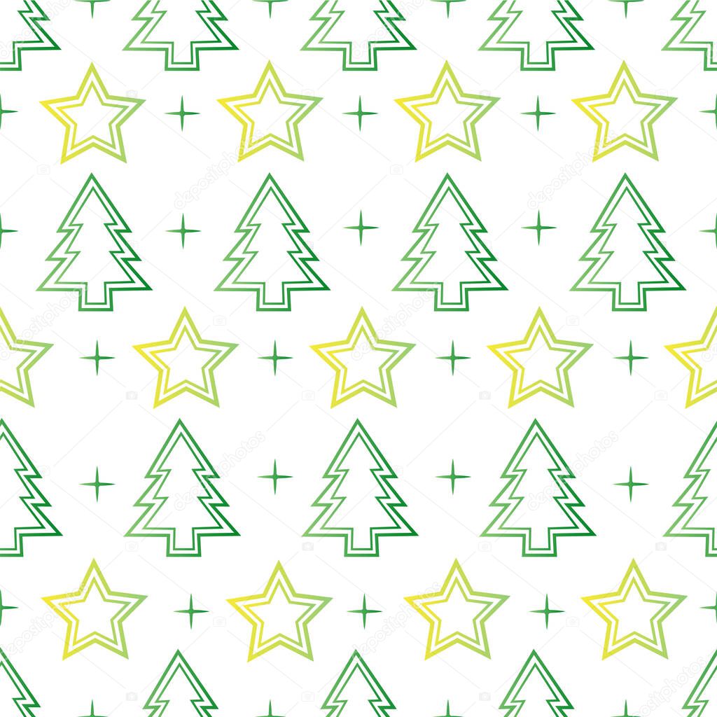 Seamless pattern with Hand drawn set of Christmas tree. Holidays fir-tree background and Greeting. Simple geometric textured wallpaper with stars. Abstract doodle. Vector sketch illustration
