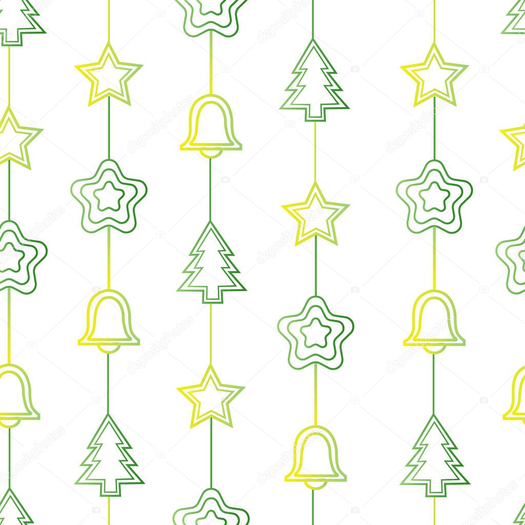 Seamless pattern with Hand drawn set of Christmas tree, toys for kids. Holidays fir-tree background. Simple textured wallpaper. Abstract doodle stars, bells, evergreen and flowers. Vector illustration