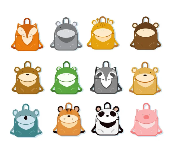 Okul Kawaii sırt çantası, çocuklar, anaokulu öğrencisi ve okul çantaları hayvan şeklinde, beyaz arka planda izole edilmiş düz bir ikon. Okula geri dön.