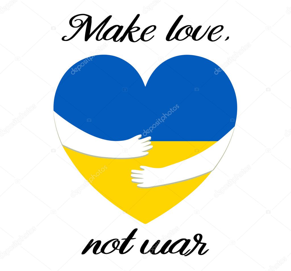 Hugs a heart with yellow and blue colors of the flag of Ukraine.No war, make love.Pray for peace Ukraine. Against fighting. Protest. Vector flat illustration