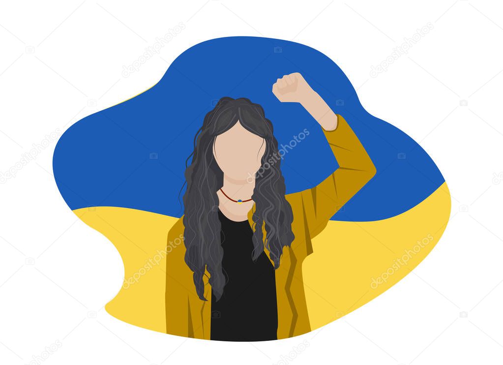 Demonstration, revolution, protest raised arm fist Opposite girl with yellow and blue colors of the flag of Ukraine.No war. Pray for peace Ukraine. Against fighting. Cartoon Vector flat illustration