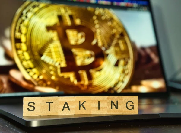 Word Staking Blurry Bitcoin Background Cryptocurrency Blocking Technology Proof Stake Obrazek Stockowy