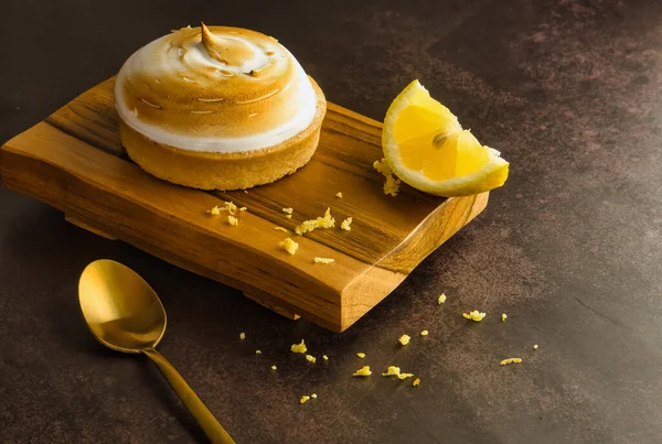 Delicious Handmade French Meringue Lemon Cake Wooden Board Dark Background — Stock Photo, Image