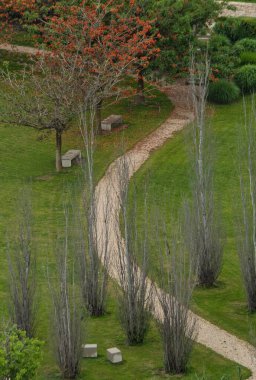 Büyük şehrin parkında yürü. Açık hava spor alanı