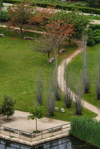 Büyük şehrin parkında yürü. Açık hava spor alanı