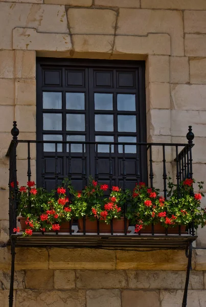 Colonial Stone Facade Balcony Plenty Beautiful Red Flowers Vertical Copy — Stock Photo, Image