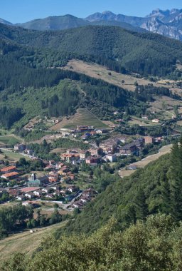 Panoramic views of the town of Potes from Mount Arabades on a sunny day, Picos de Europa Natural Park, Cantabria, Spain. Travel concept