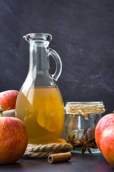 Apple cider vinegar, used for weight loss, helps with intermittent fasting, lowers cholesterol and blood sugar levels, and improves symptoms of diabetes. Healthy, organic diet. Selective focus