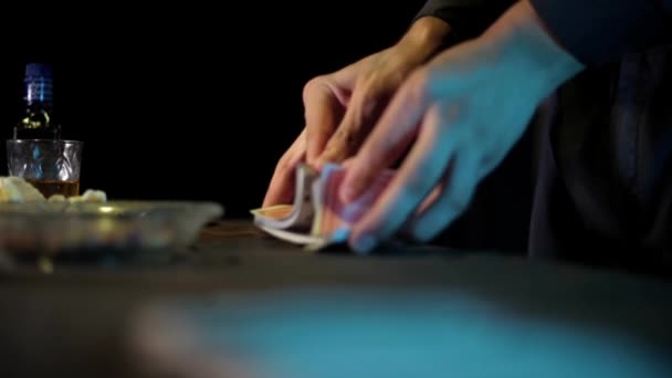 Footage Croupier Shuffling Cards Bar Counter — Stok video