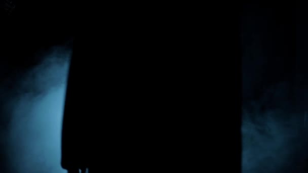 銃を手に歩くギャングのマフィアの男の映画的なスローモーションショット 暗い照明の中で男の劇的なショット彼の周りのいくつかの煙雲 高解像度映像 — ストック動画