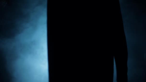 Shot Man Blue Suit His Hand Rope Walking Dramatic Lighting — Stock Video