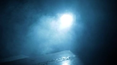Cinematic shot of a professional killer in long court with a handgun in dramatic light, and smoke.