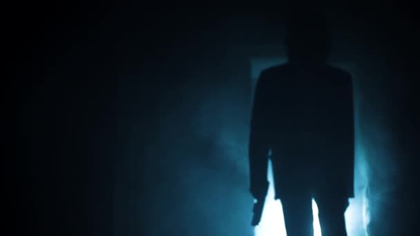 Cinematic Shot Serial Killer Suit Coming Out Door Shooting Smoke — 图库视频影像