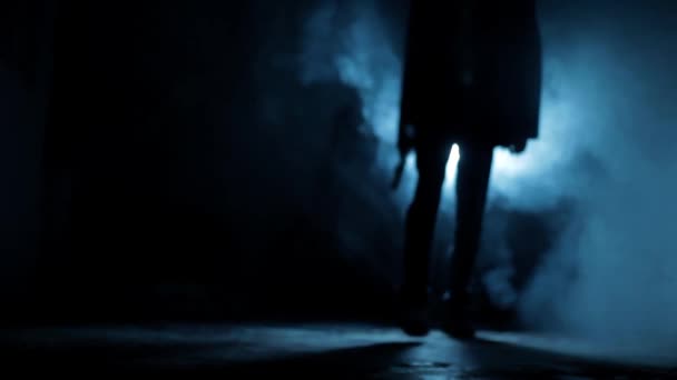 Cinematic Shot Serial Killer Suit Coming Out Door Shooting Smoke – Stock-video
