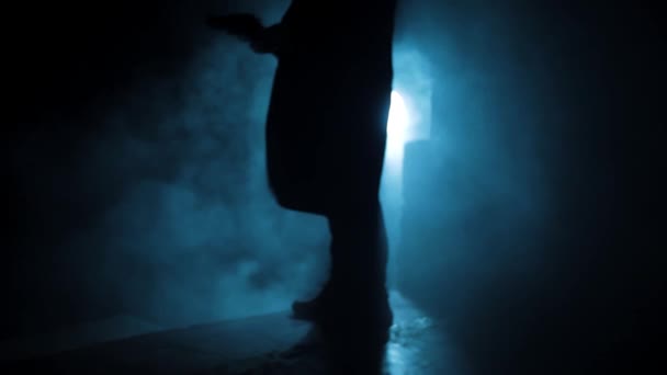 Cinematic Shot Professional Killer Long Court Handgun Dramatic Light Smoke — Video