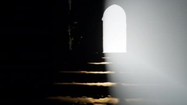 Cinematic shot from inside of a cave with a light source, 3d Render 4K 60FPS.