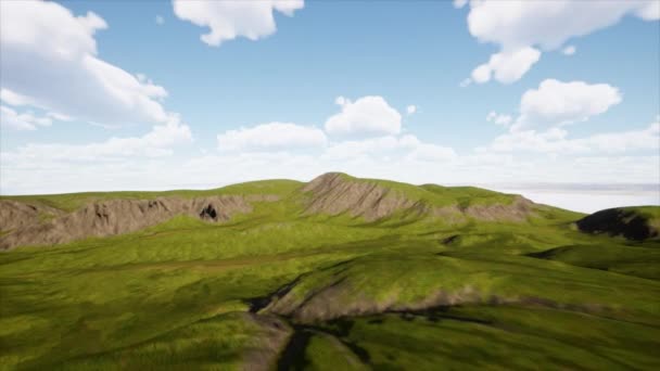 60Fpsにおける山と緑のフィールド映画3Dコンピュータシミュレーションの背景 — ストック動画