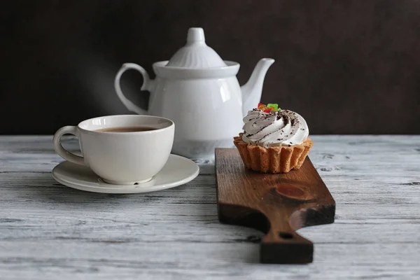 Tee Und Kuchen Leckere Kuchen Tee Und Snacks Stillleben Mit — Stockfoto