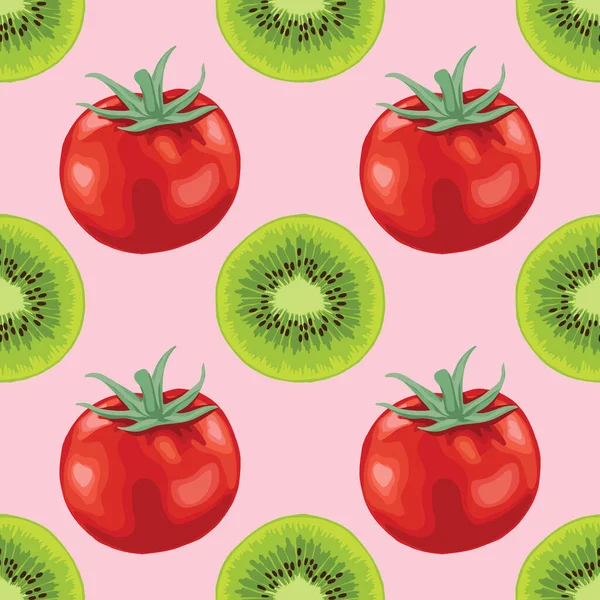 赤いトマトとフルーツのシームレスなパターンデザイン — ストックベクタ
