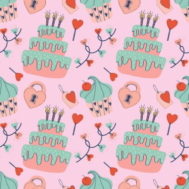 sevimli el çizimi sevgililer günü ögeleri pürüzsüz desen tasarımı 