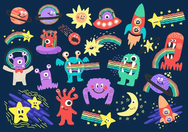 Cute Character Space Aliens Stars Planets Seamless Pattern Design Vector — Stock Vector