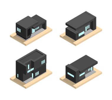 Bir dizi minimalist izometrik evler vektör ikonu çizimi. Maskot konsepti izole edildi. İzometrik çizim biçimi oluşturuluyor