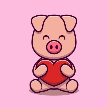 Sevimli domuz, sevgi dolu kalp çizgi film ikonu çizimi. Hayvan doğa ikonu konsepti izole edilmiş premium vektör. Düz çizgi film biçimi