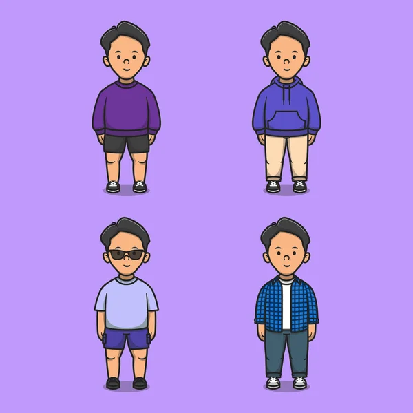 Set Cute Boys Different Fashion Style Cartoon Vector Icon Illustration — Stock Vector