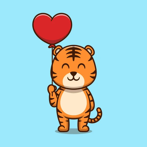 Netter Tiger Mit Liebe Ballon Cartoon Ikone Illustration Animal Nature — Stockvektor