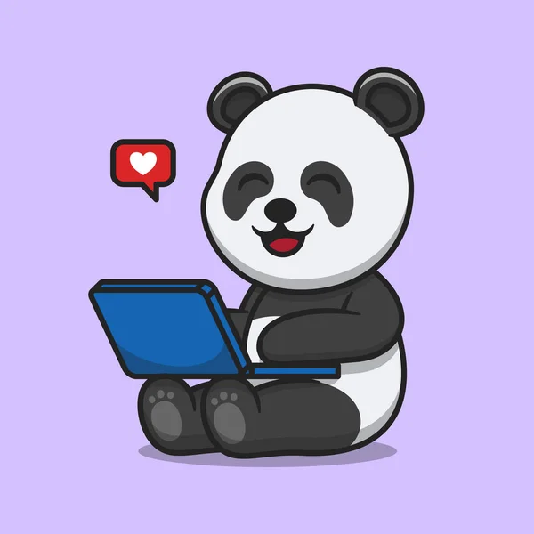 Cute Panda Working Laptop Cartoon Vector Icon Illustration Animal Technology — Stock Vector