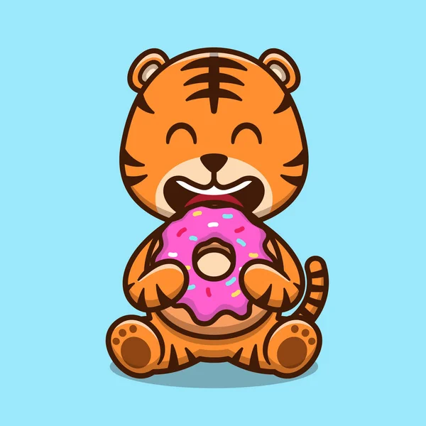 Tigre Bonito Comendo Donut Desenho Animado Ícone Vetor Ilustração Gráficos De Vetores