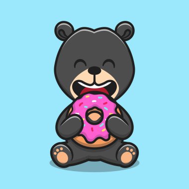 Tatlı güneş ayısı, çörek yiyen vektör ikonu çizimi. Hayvan besin ikonu konsepti izole edilmiş premium vektör. Düz çizgi film biçimi