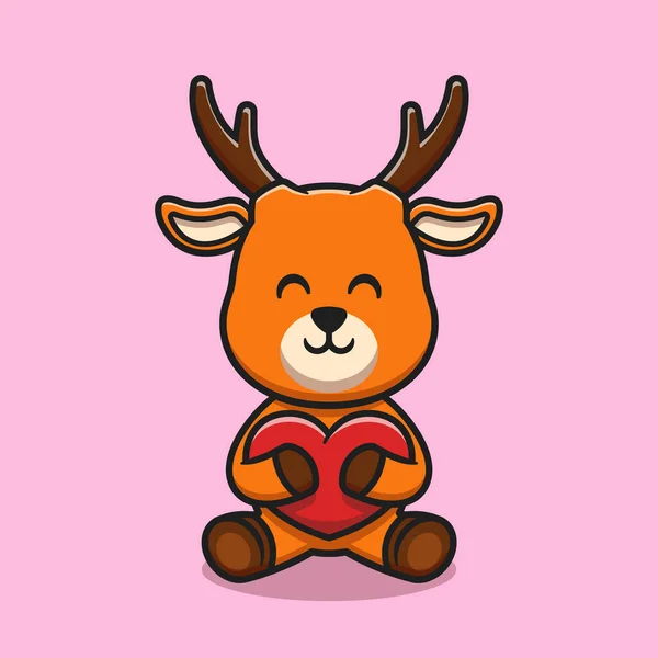 Cute Deer Hugging Love Heart Cartoon Icon Illustration Animal Nature Vetor De Stock