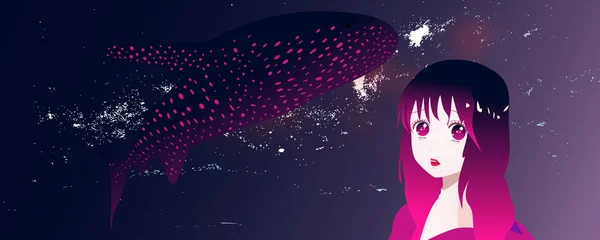 空のクジラと少女との抽象的なシュルレアリスム ベクターイラスト — ストックベクタ