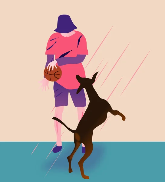 Illustration Vectorielle Homme Jouant Basket Avec Son Chien — Image vectorielle