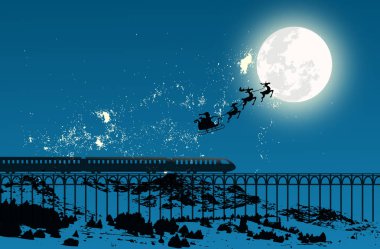 Ay 'ın arka planında Noel Baba' nın vektör çizimi ve dağlarda bir gece yarısı treni