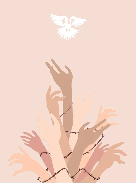 Abstract illustration of human rights. Hands shackled in thorns reaching for a flying pigeon
