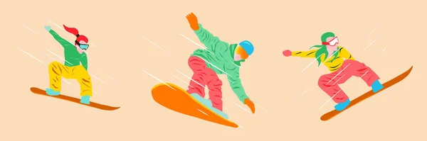 Homme Femmes Faisant Des Exercices Sportifs Sur Snowboard Illustration Graphique — Image vectorielle