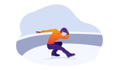 Soyut mavi arkaplanda buz üstünde yüzsüz bir adamın kaydığı karikatür çizimi