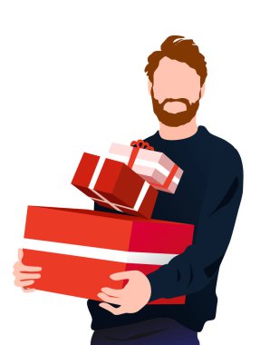Elinde hediyeler tutan mutlu bir adamın vektör çizimi.