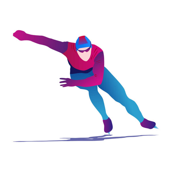 Мультфильм иллюстрация абстрактного человека, катающегося на льду на абстрактном синем фоне. коньки