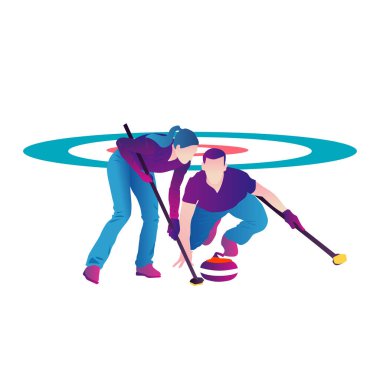 Mavi arka planda dikdörtgen bir buz tabakasında oynayan soyut bir takımın karikatür çizimi. Kıvırcık