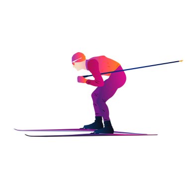 Soyut arka planda kayak yapan bir adamın karikatür çizimi. Kros kayağı, İskandinav kombine. Serbest kayak haçı